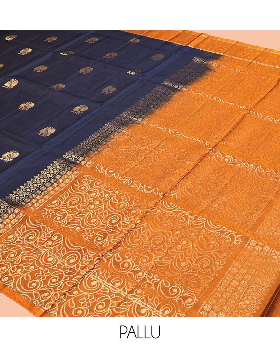 Blue Mayuri Lite Silk Mix Saree, Ornamented with Peacock Buttas, Complemented by a Contrast Peacock Border, Pallu of Vine Designs, and a Contrast Blouse