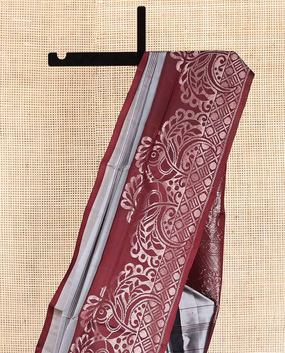 Grey Mayuri Lite Silk Mix Saree, Subtly Enriched with Stripes, Complemented by Contrast Peacock Border, Intricate Pallu and a Contrast Blouse