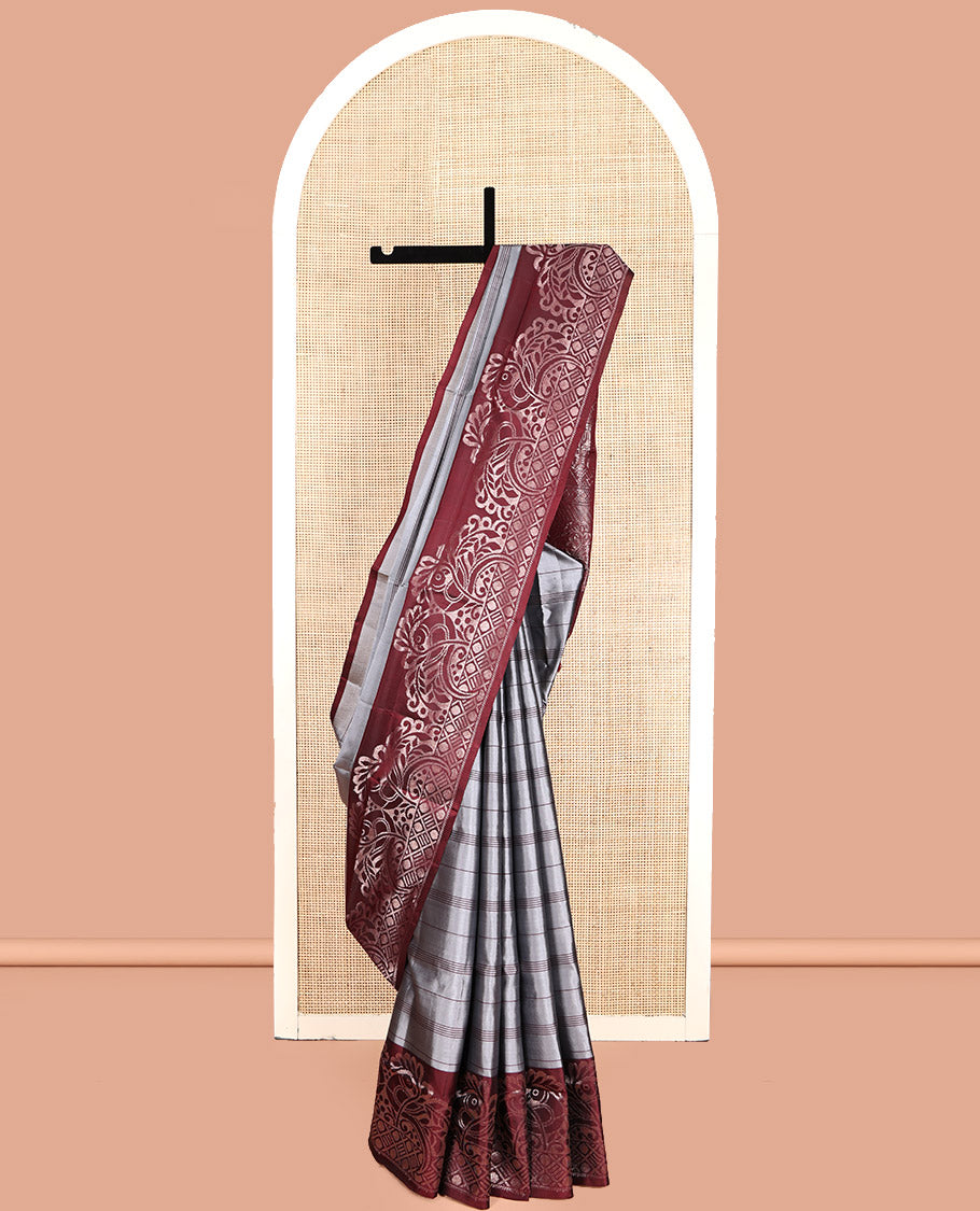 Grey Mayuri Lite Silk Mix Saree, Subtly Enriched with Stripes, Complemented by Contrast Peacock Border, Intricate Pallu and a Contrast Blouse