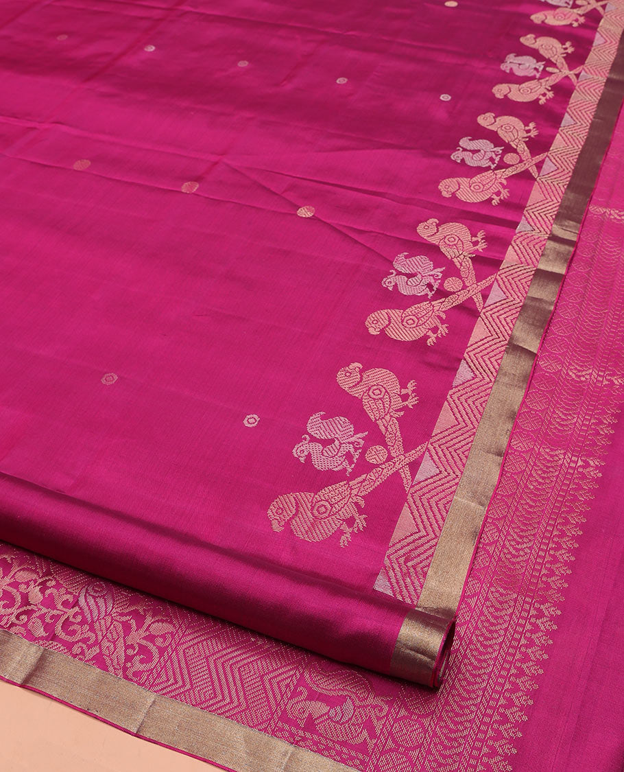Pink Mayuri Soft Silk Saree, Adorned with Poun, Annam, and Kili Buttas on Its Body, Subtly Zari Woven Border, Pallu Steeped with Kili Designs in Zari, and Paired with a Matching Blouse