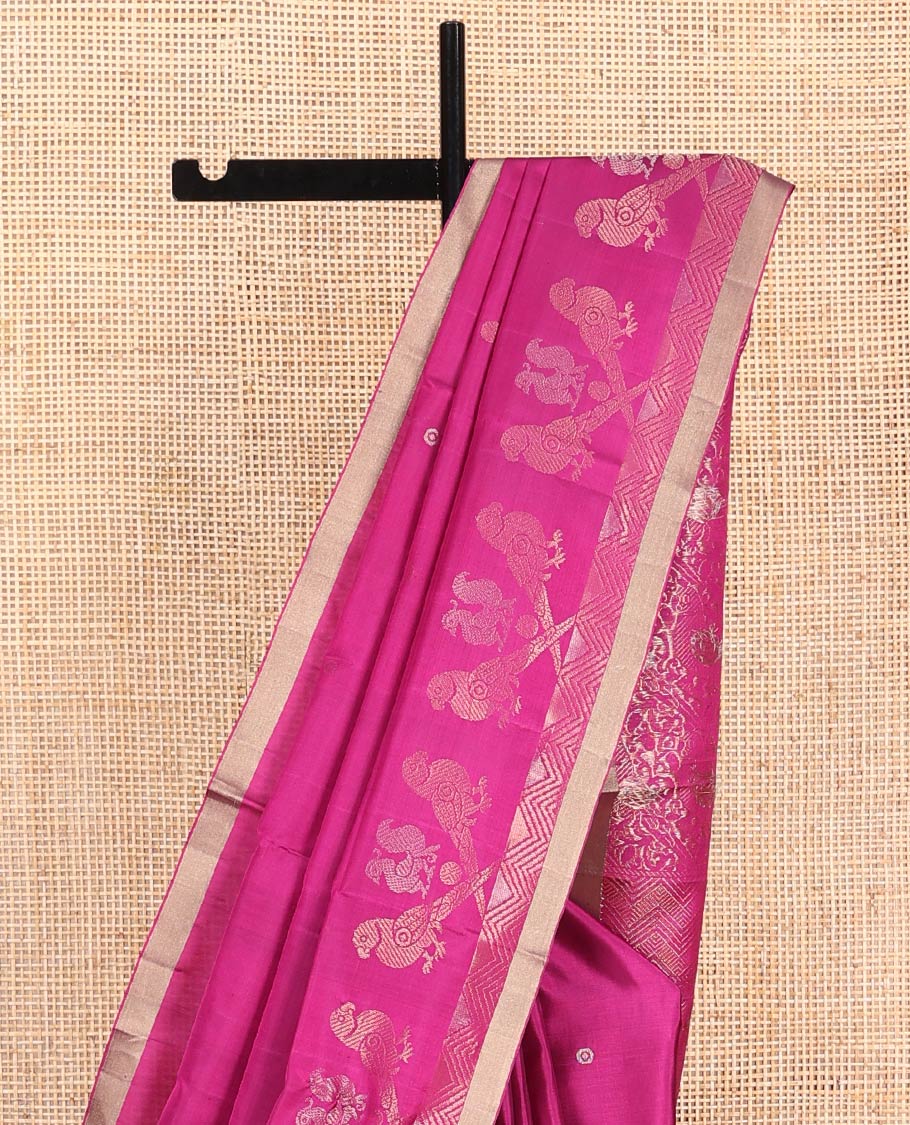 Pink Mayuri Soft Silk Saree, Adorned with Poun, Annam, and Kili Buttas on Its Body, Subtly Zari Woven Border, Pallu Steeped with Kili Designs in Zari, and Paired with a Matching Blouse