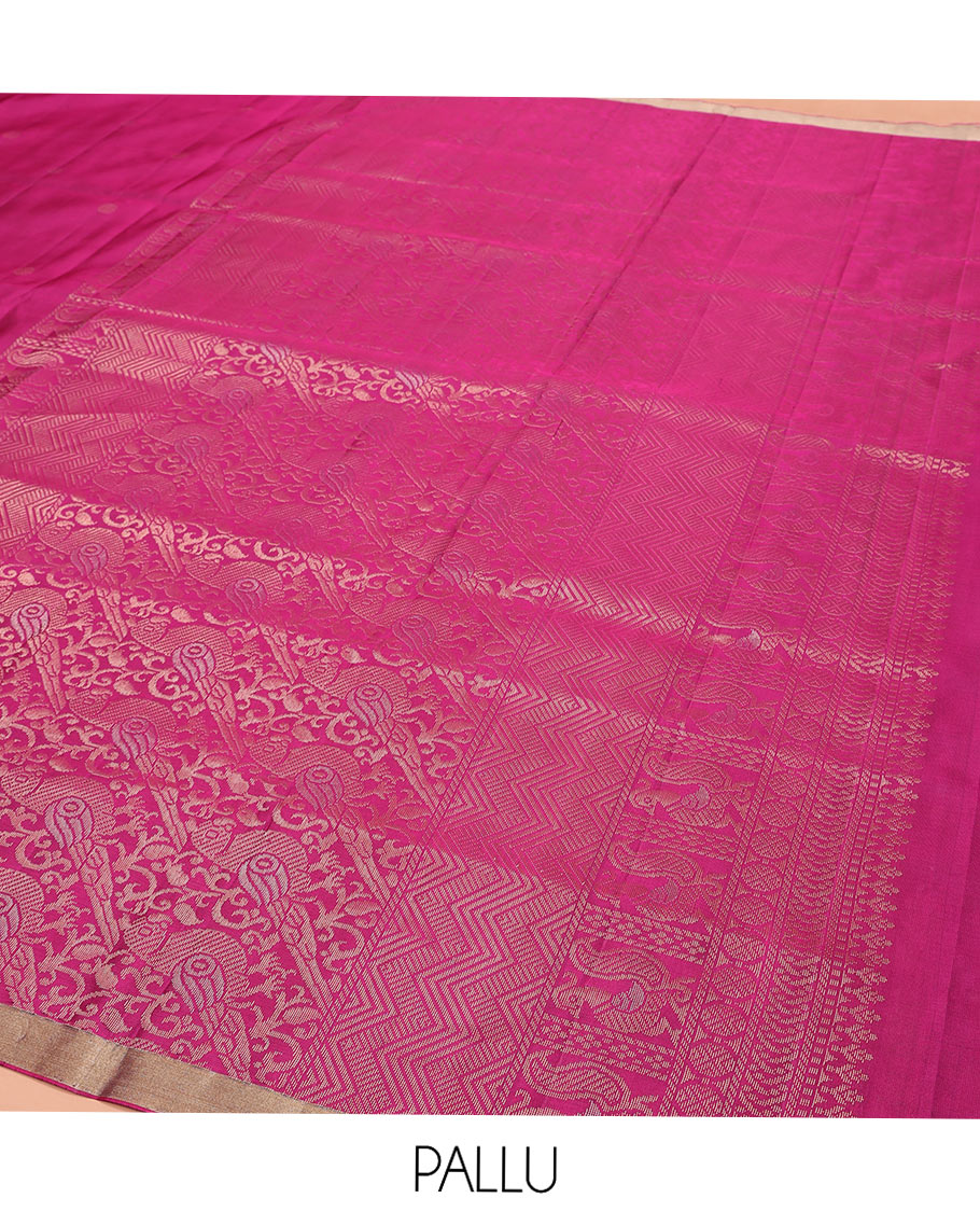 Pink Mayuri Soft Silk Saree, Adorned with Poun, Annam, and Kili Buttas on Its Body, Subtly Zari Woven Border, Pallu Steeped with Kili Designs in Zari, and Paired with a Matching Blouse