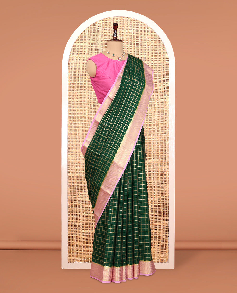 Green Mysore Silk Saree, Richly Detailed with Zari Checks, Complemented by a Contrast Traditional Zari Border, a Rich Pallu, and Contrast Blouse