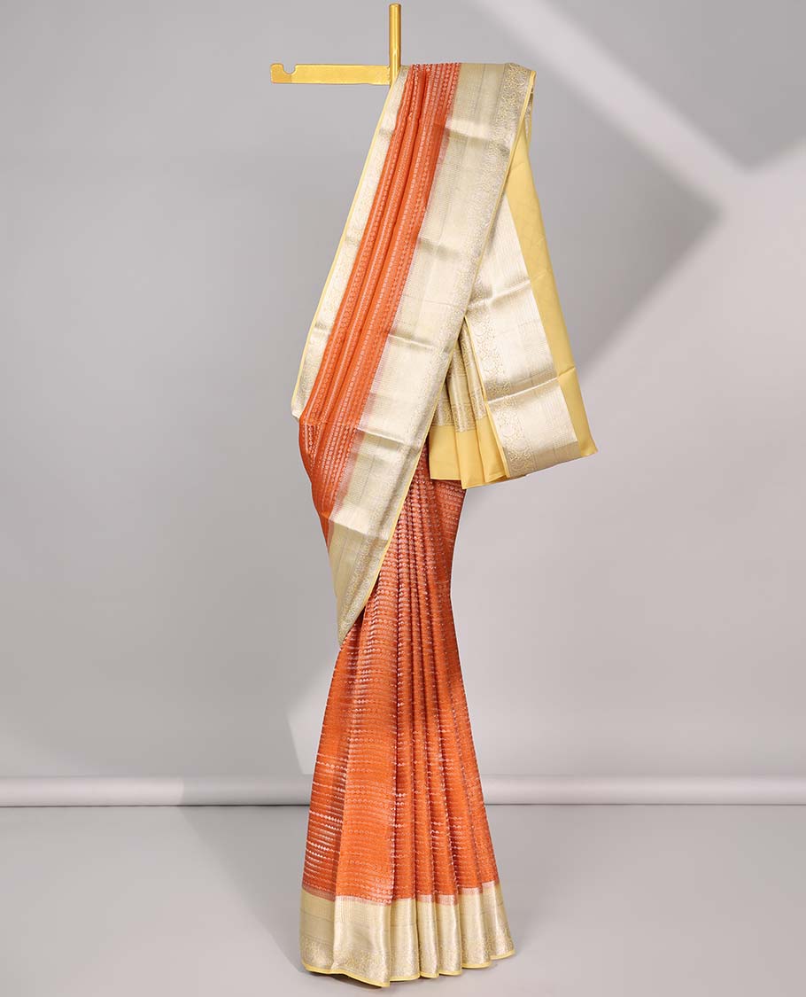 Orange striped design mysore silk saree with contrast zari border & pallu of argyle design