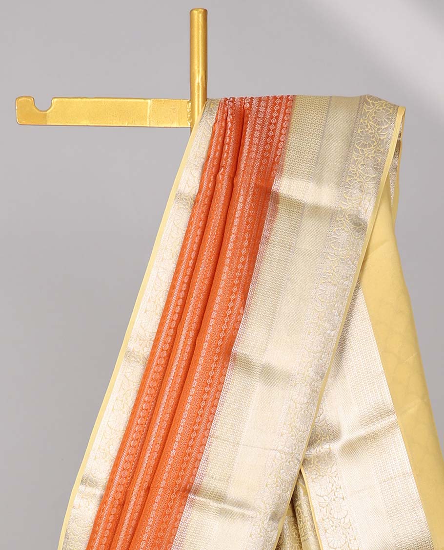 Orange striped design mysore silk saree with contrast zari border & pallu of argyle design
