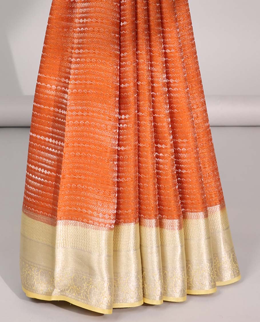 Orange striped design mysore silk saree with contrast zari border & pallu of argyle design
