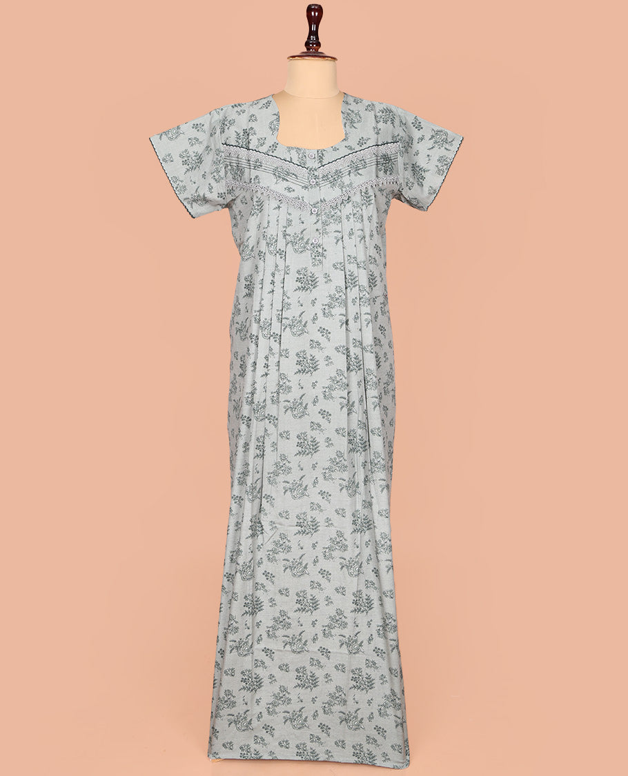 Grey Cotton Nighty Embellished with Floral Print, Featuring Lace Work, Square Front Neck, and Half Sleeves