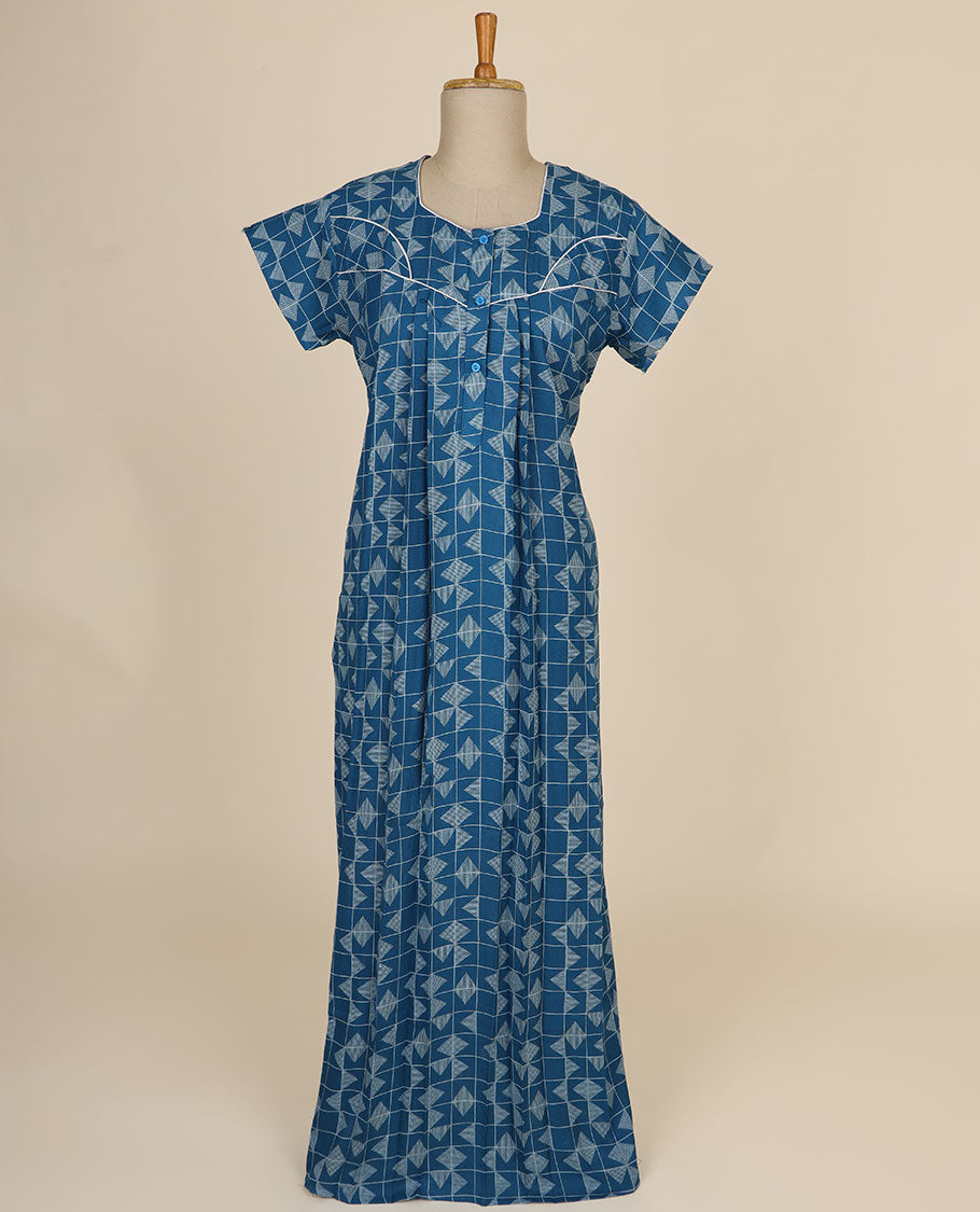 Blue geometric design printed & square neck cotton half sleeve nighty