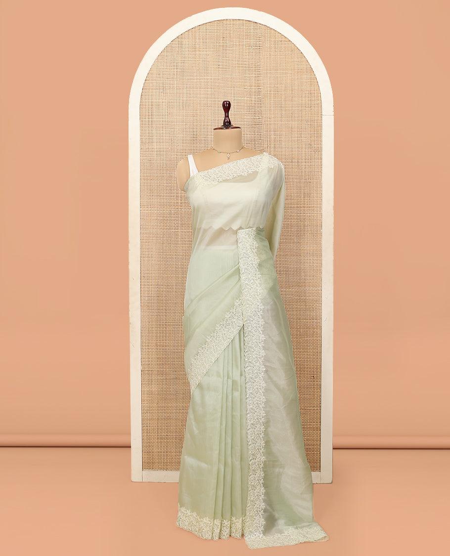 Pale Green Plain Organza Saree, a Subtle Scallop Floral-Embroidered Border, and Matching Blouse