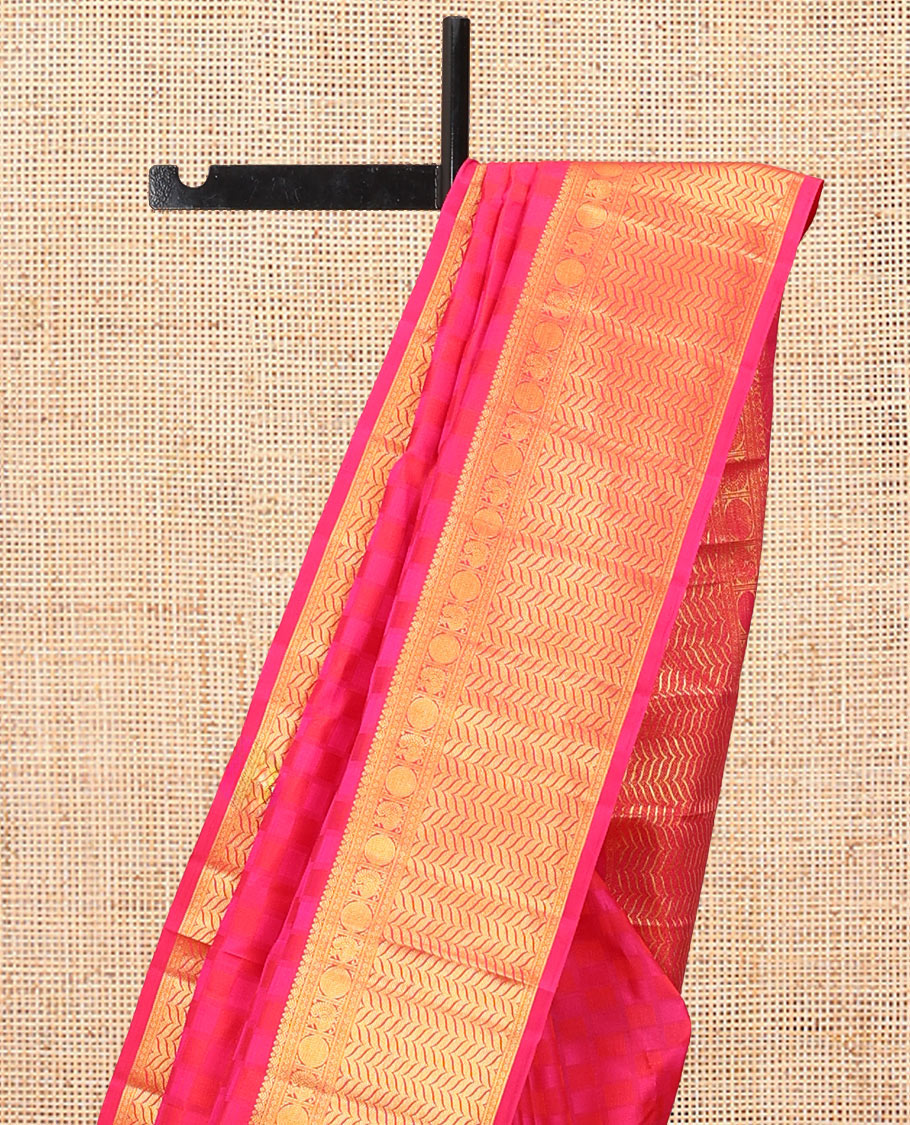 Pink Embossed Parampara Silk Saree, a Zari Border of Mayil, Mayil, and Vanki Designs, Vanki Pallu, and a Matching Blouse