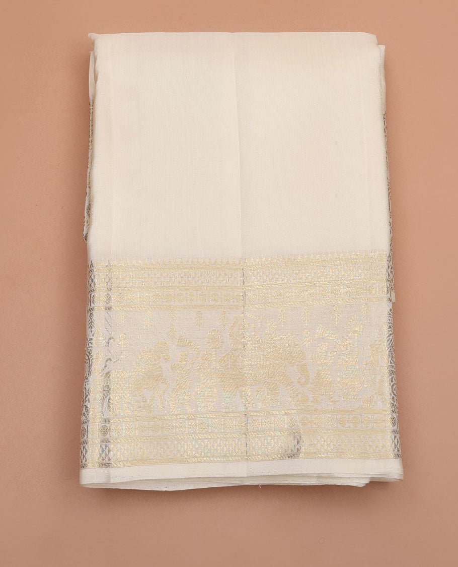 Cream pure silk double-layer dhoti with zari border of rekku, ara maadam, poun and wedding-theme motifs