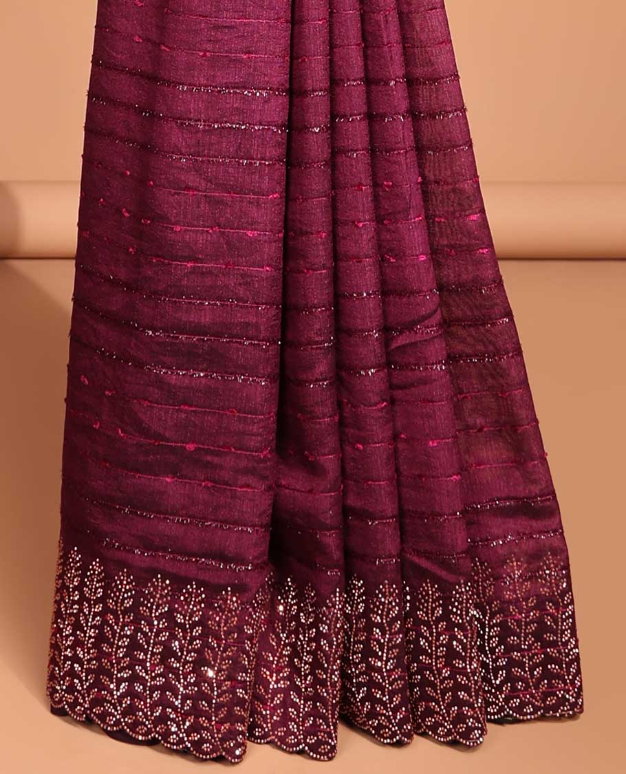 Purple all over line neem zari design with copper color swastik stone work & plain , swastik stone work blouse