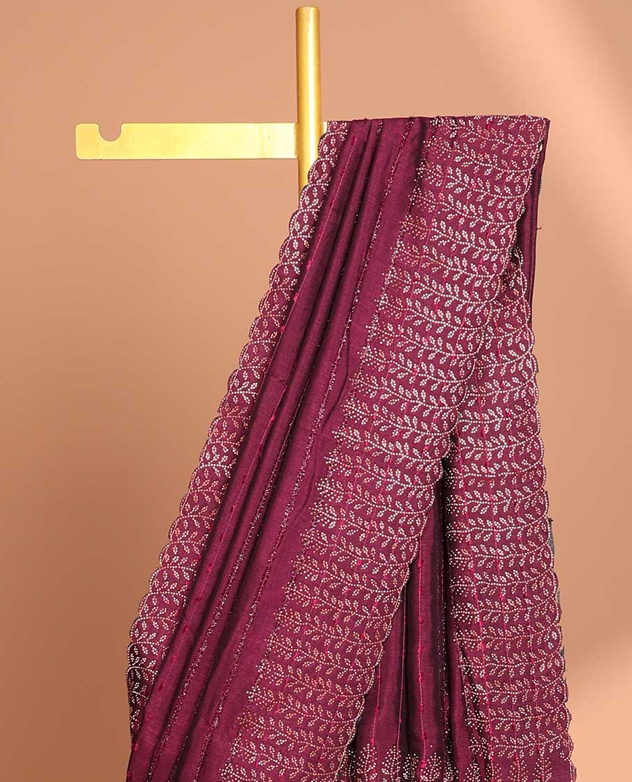 Purple all over line neem zari design with copper color swastik stone work & plain , swastik stone work blouse