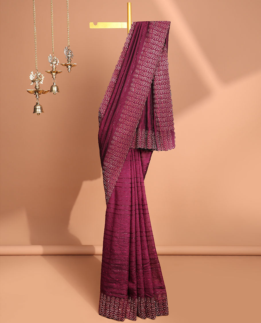 Purple all over line neem zari design with copper color swastik stone work & plain , swastik stone work blouse