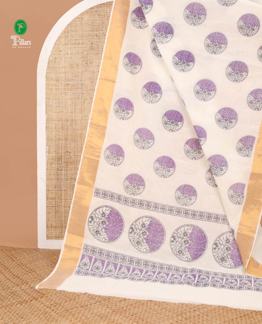 Cream with violet flower butta kerala cotton saree with zari bawanchi border & printed pallu along with plain blouse