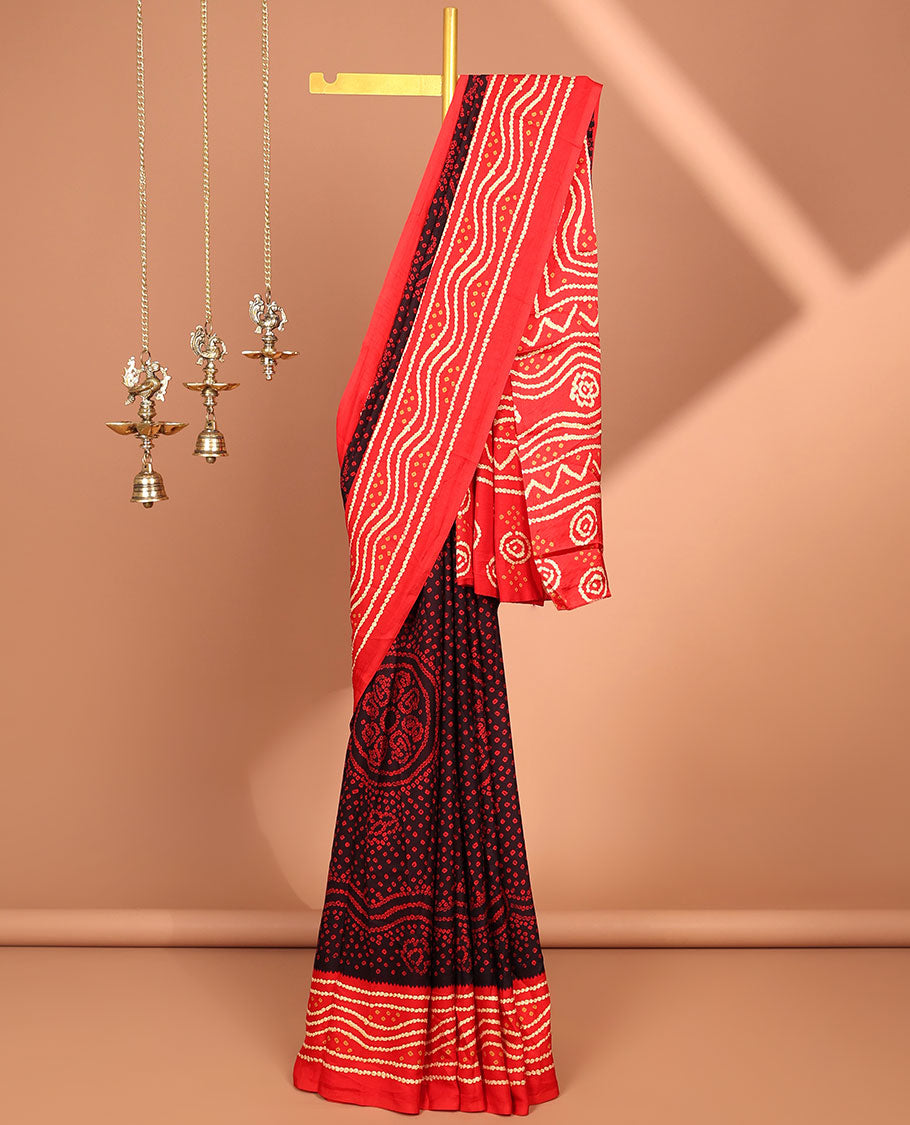 maroon all over bandhani printed crepe silk saree with contrast bandhani printed border