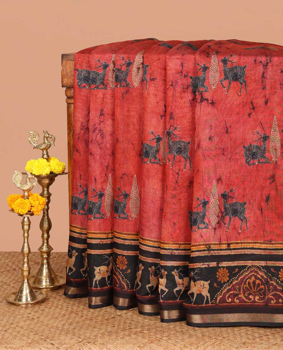 Red deer, hand block digital printed muslin cotton saree with zari, dee printed border & printed pallu along with printed blouse