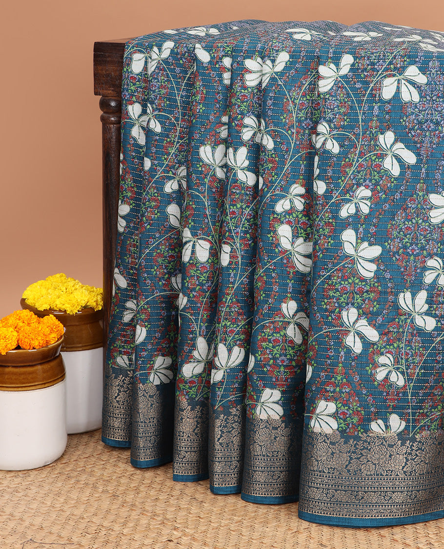 Blue allover foliage with zari line weaving dola silk saree with contrast zari jacquard border & printed rich pallu along with printed blouse