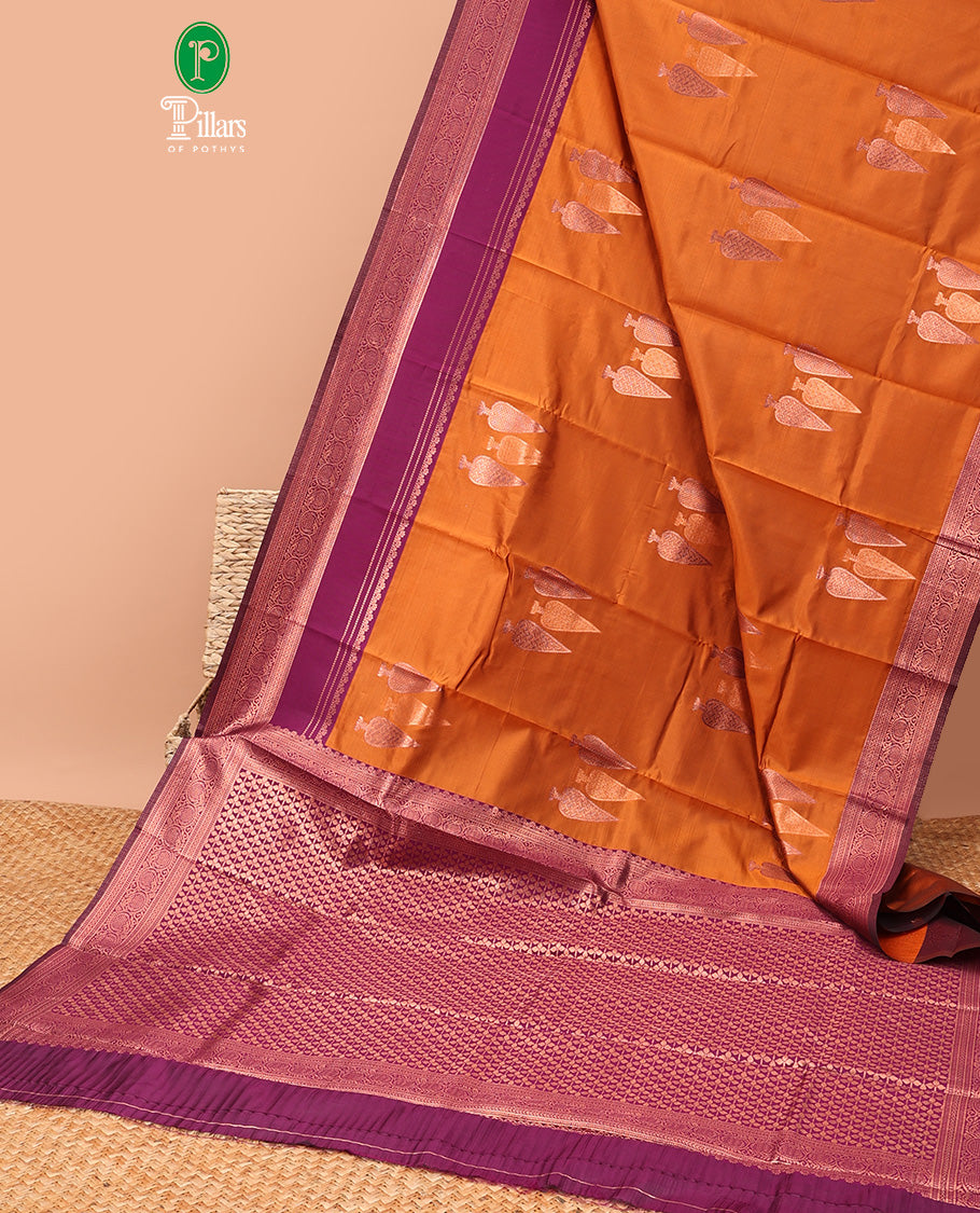 Honey copper zari butta litchi soft silk saree with contrast double pad border & zari butta blouse