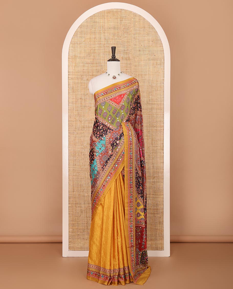 Yellow half-&-half colorful geometric printed & mirror embroidered masakali saree, printed border & pallu, plain blouse
