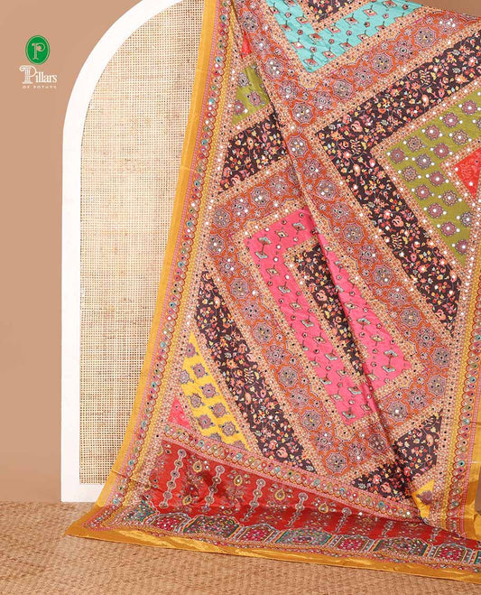 Yellow half-&-half colorful geometric printed & mirror work masakali saree, printed border & pallu, plain blouse