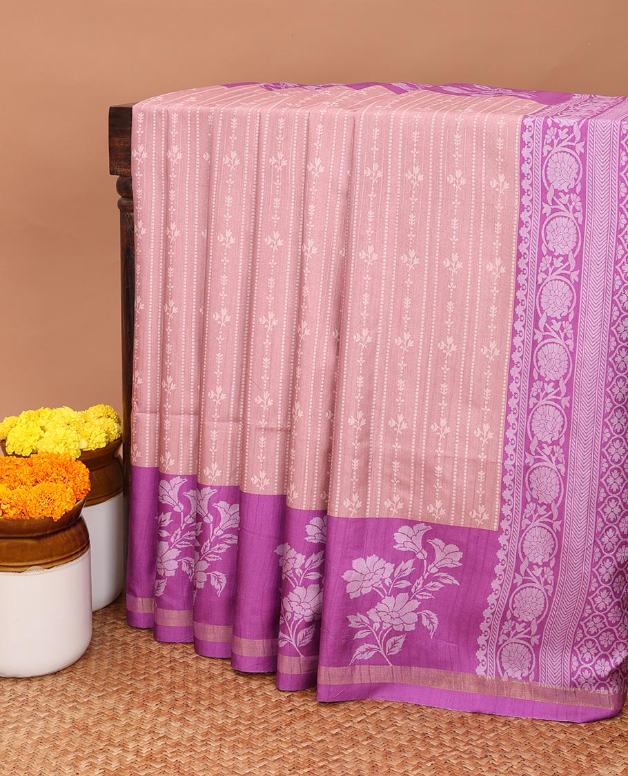 onion pink all-over standing vertical lining printed katan silk saree with contrast double side floral printed design & weaving heavy rich pallu along with contrast printed pallu