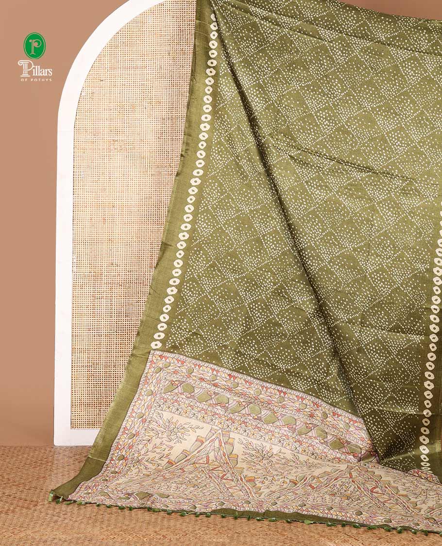 Olive green Bandhani-style printed khadi cotton saree, printed border & colorful madhubani-style printed pallu