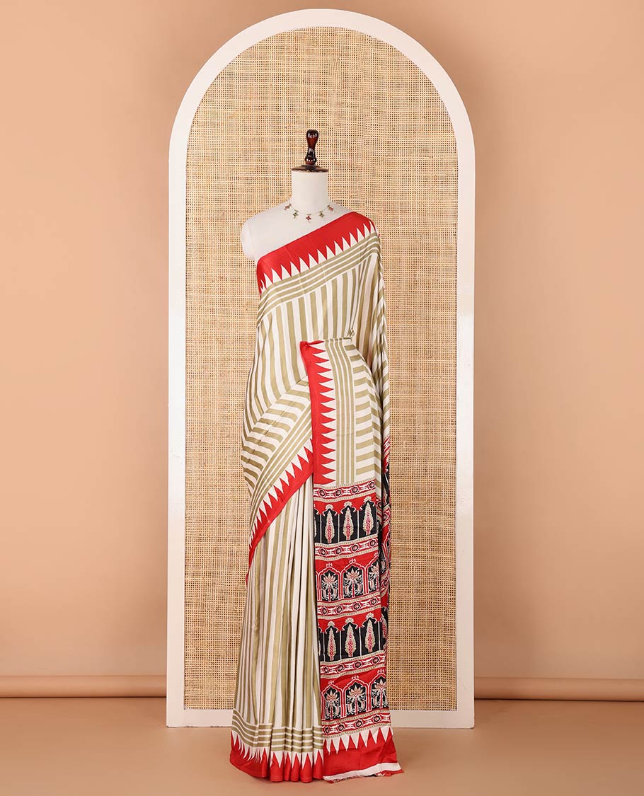 Pista green vertical stripes printed modal silk saree, contrast red temple printed border, ajrakh printed pallu & plain blouse