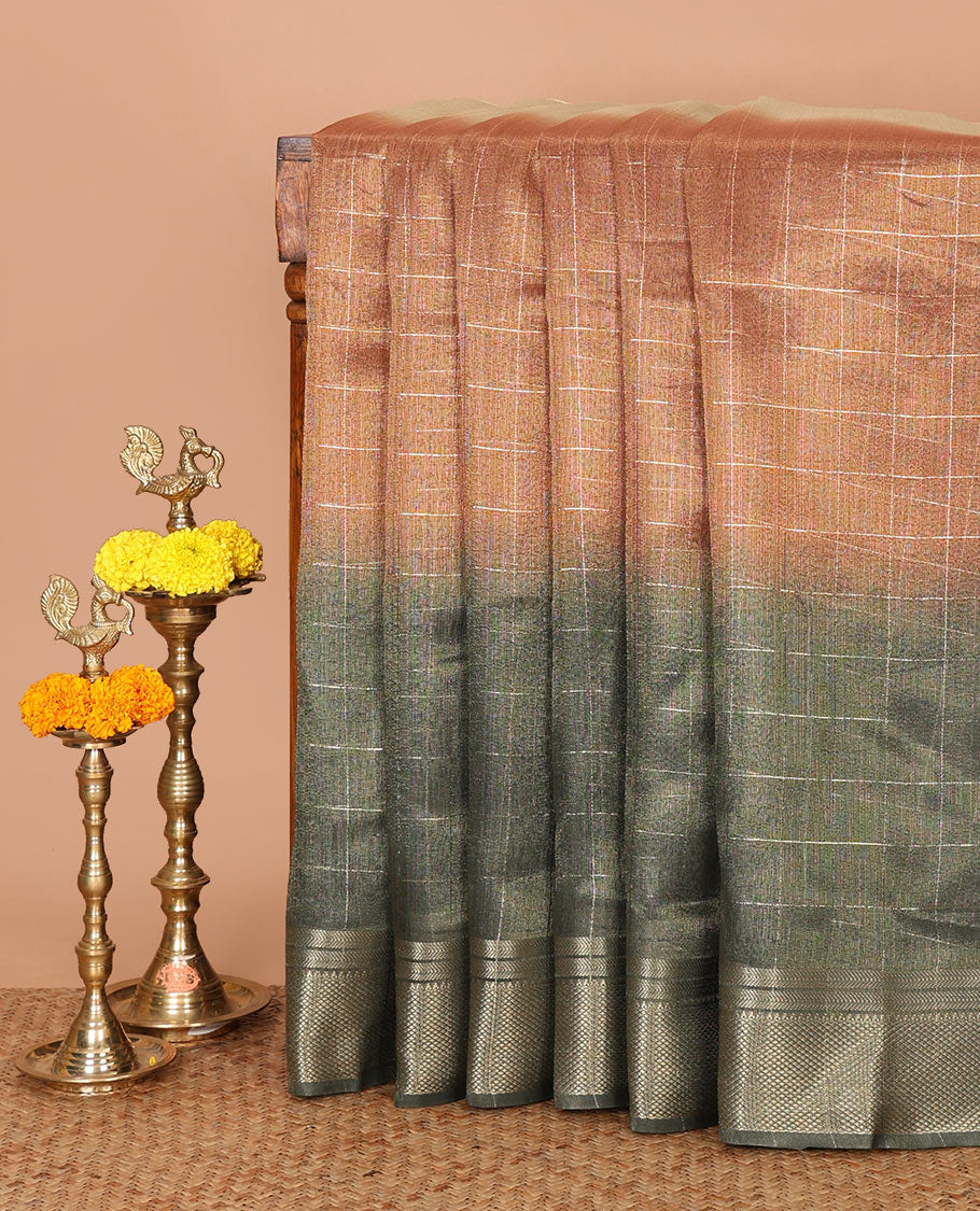 Green ombre zari checked tissue jute saree,traditional border,pallu of Madhubani hand painting-style print & blouse of lotus print