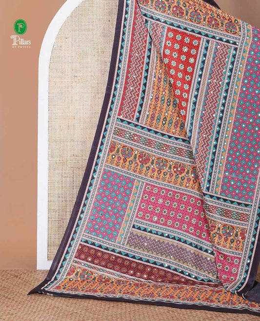 Black floral & geometric print & mirror work masakali saree,self-border & pallu of print & mirror work, printed blouse