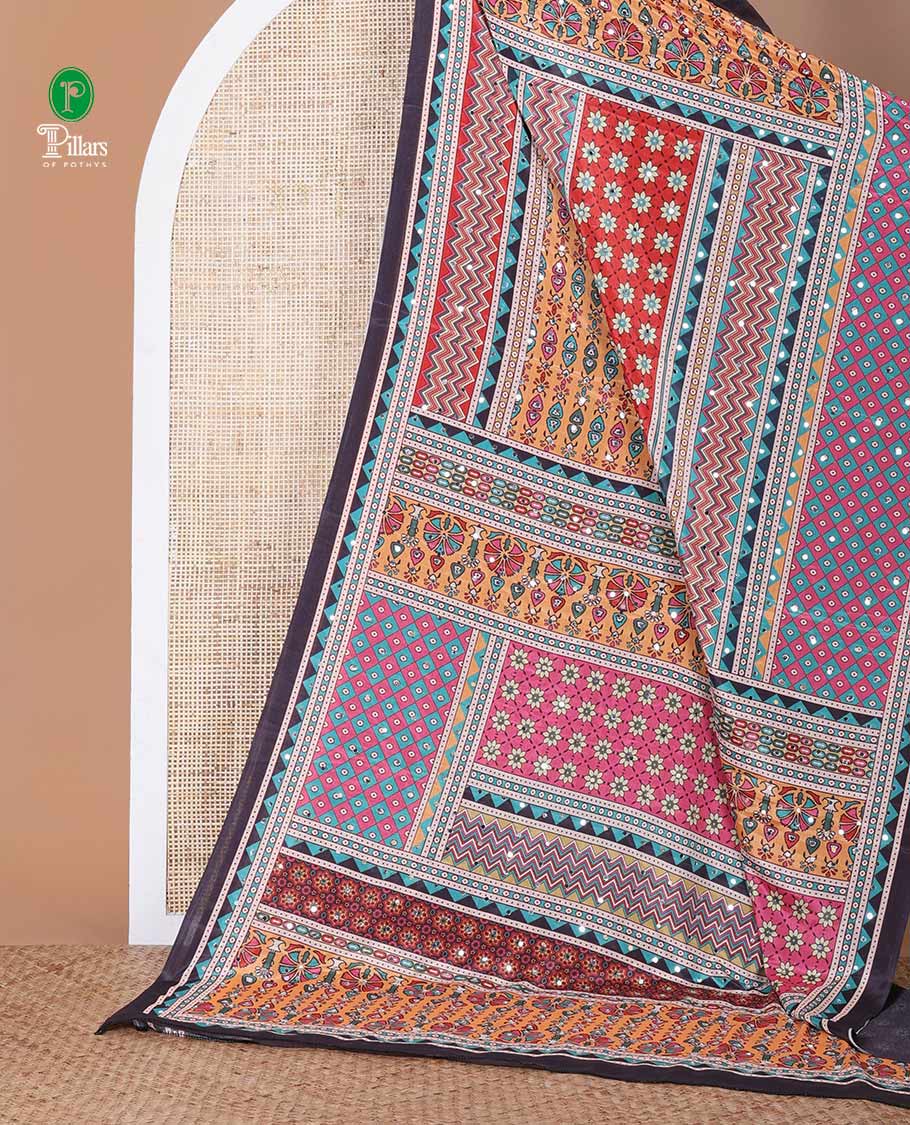 Black floral & geometric print & mirror embroidery masakali saree,self-border & pallu of print & mirrorwork, printed blouse