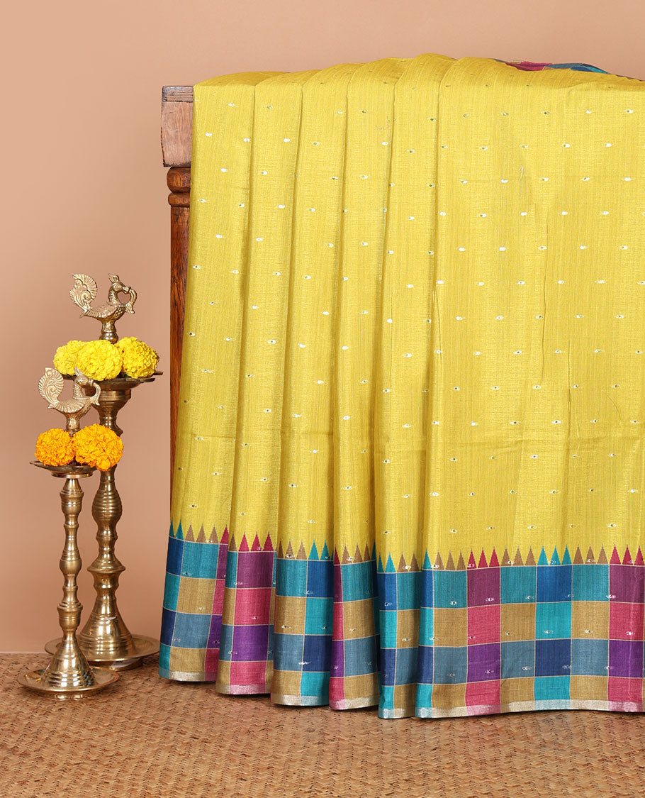 Lime yellow zari buttas Kathan silk saree, contrast border & pallu of multi-color checks & temple design, blouse of multi-color checks & buttas