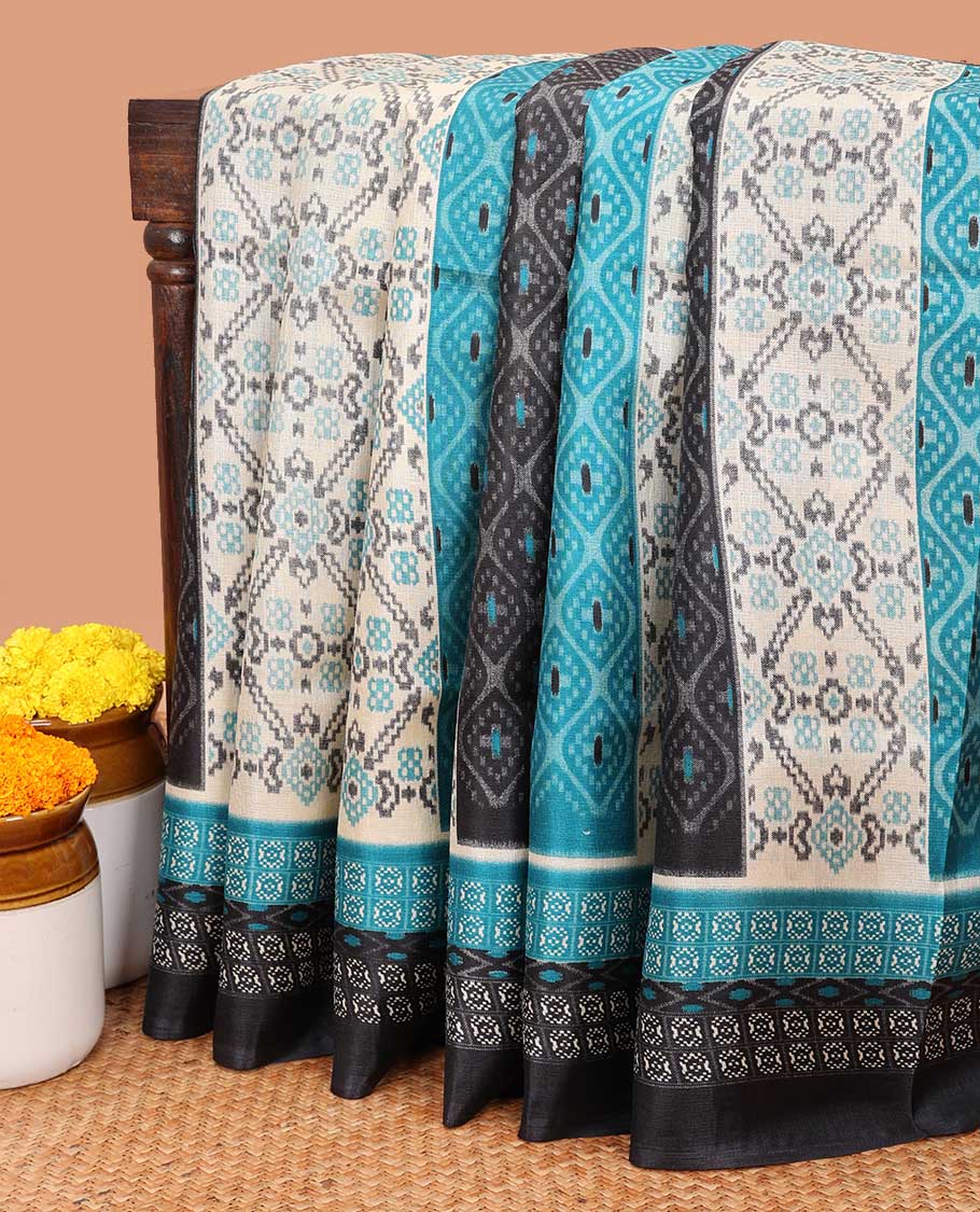Cream with green odisha design khadhi silk saree with contrast self print blouse