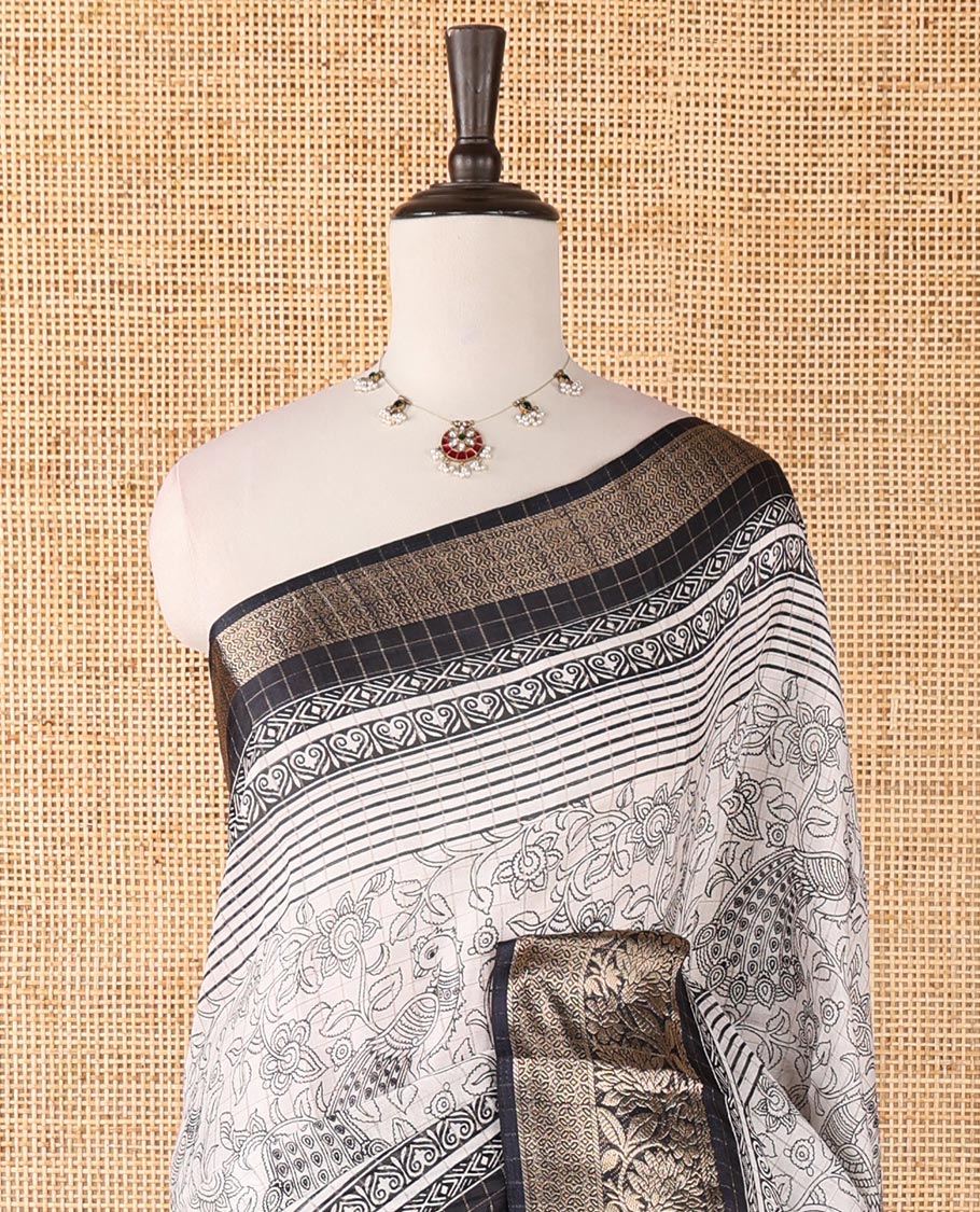 Cream checked & kalamkari-floral & bird dola silk saree, contrast traditional zari black border, kalamkari bird print pallu & printed blouse
