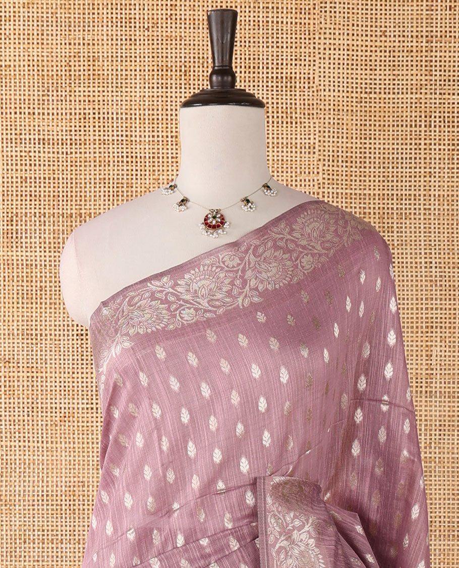 Light purple banarasi jute saree with zari buttas, floral creeper zari border, floral jaal zari woven pallu & zari woven blouse