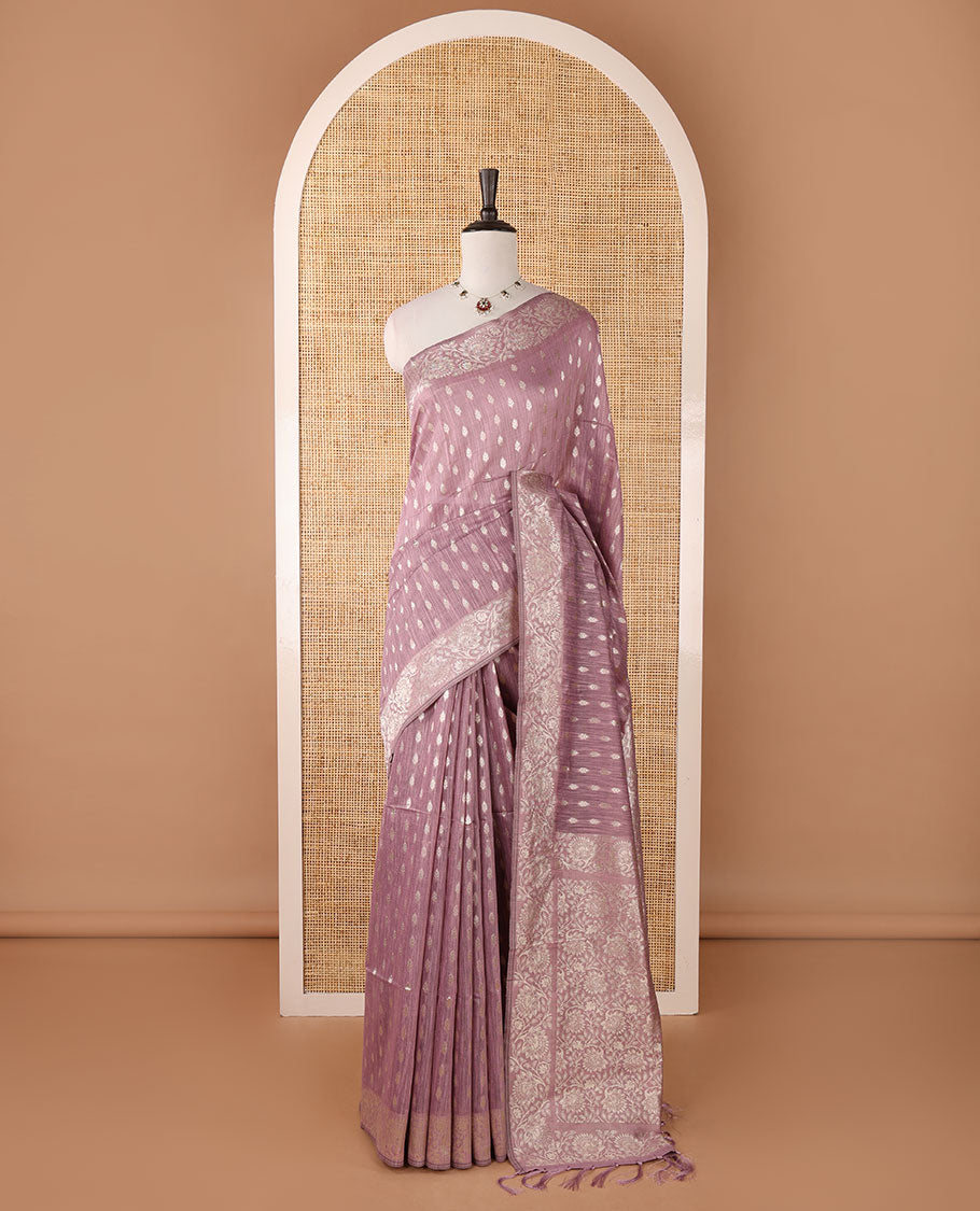 Light purple banarasi jute saree with zari buttas, floral creeper zari border, floral jaal zari woven pallu & zari woven blouse