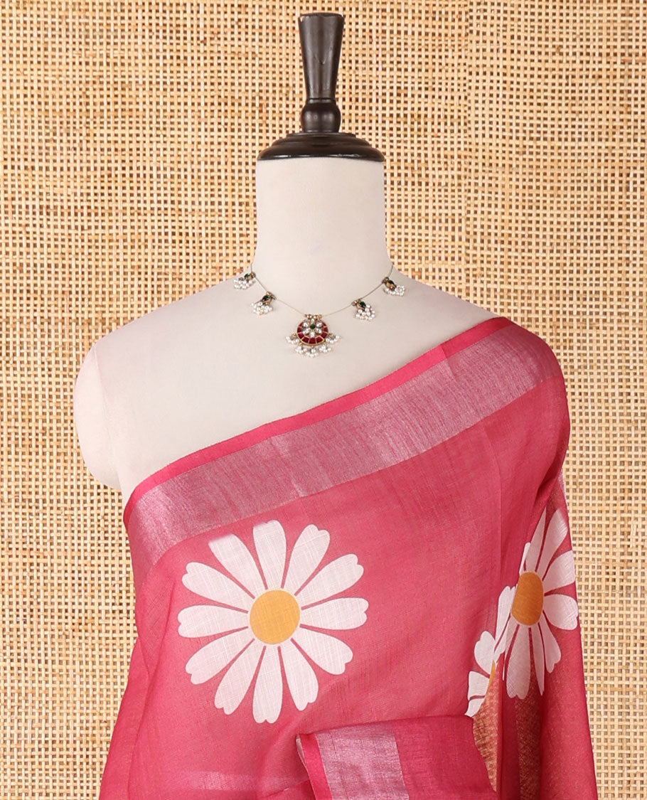 Pink sunflower motif printed linen saree, silver zari plain border & small sunflower motif print blouse