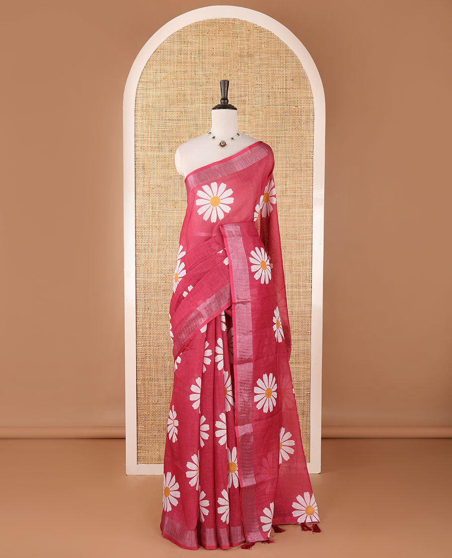 Pink sunflower motif printed linen saree, silver zari plain border & small sunflower motif print blouse