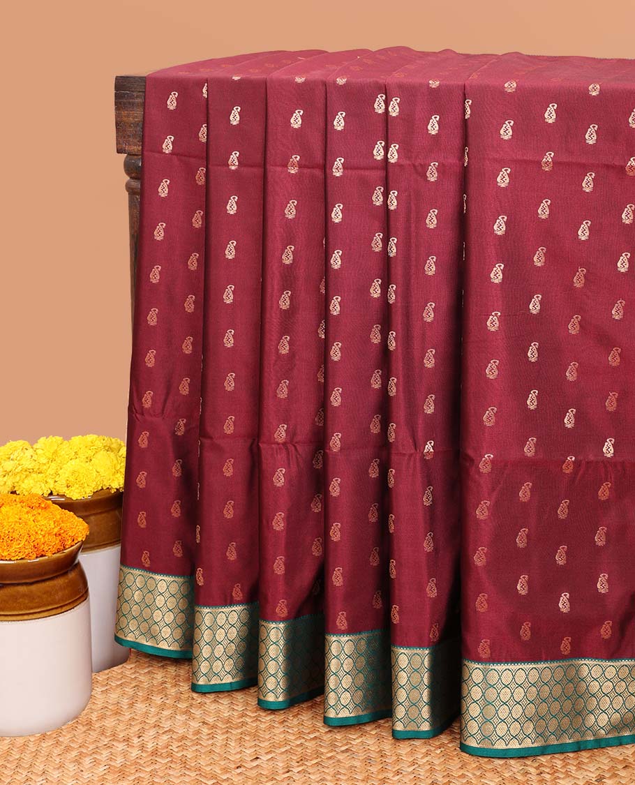 maroon gold zari small manga buttas fancy softy silk saree with contrast rudrashra design zari waeving border & rich brocade style weaving pallu along with mango self butta blouse
