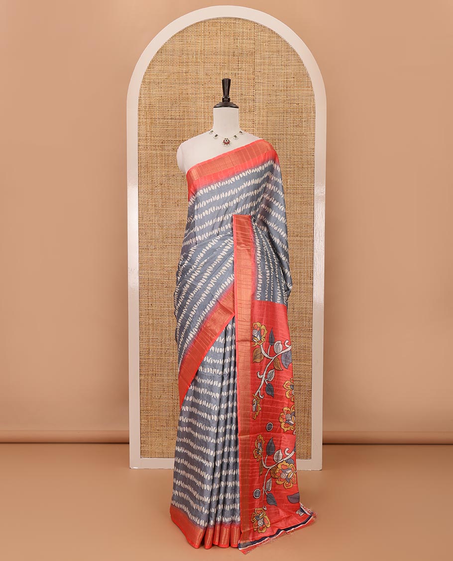 Grey uniquely printed soft tussar saree, contrast zari border, kalamkari floral vine printed pallu & kalamkari printed blouse