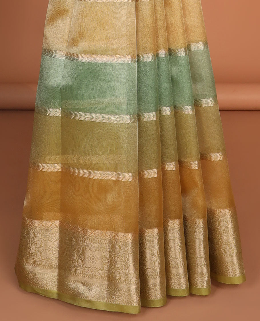 Multi-color all-over rangkat style, hand brushing tissue saree with zari border