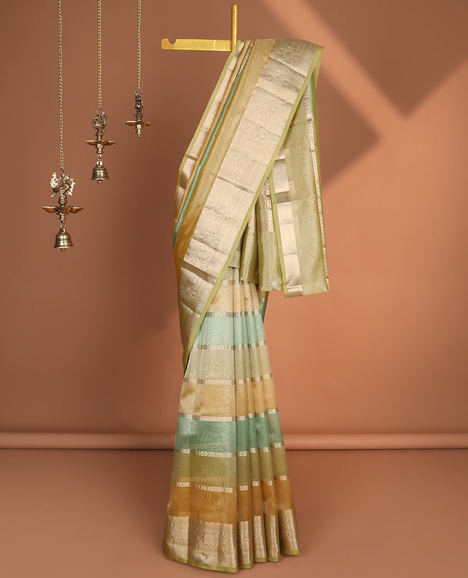 Multi-color all-over rangkat style, hand brushing tissue saree with zari border