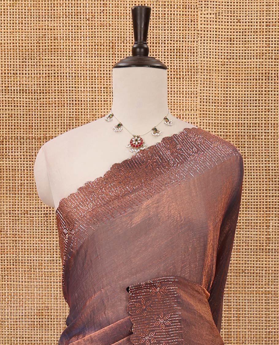 Brown plain fendy-chiffon saree, scallop Swarovski copper stone work border & contrast Swarovski copper stonework blouse