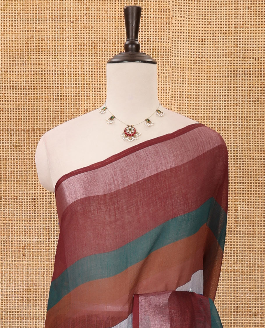 Multi-color striped linen saree, zari border, multi-color striped fancy pallu & colorful chevron striped blouse