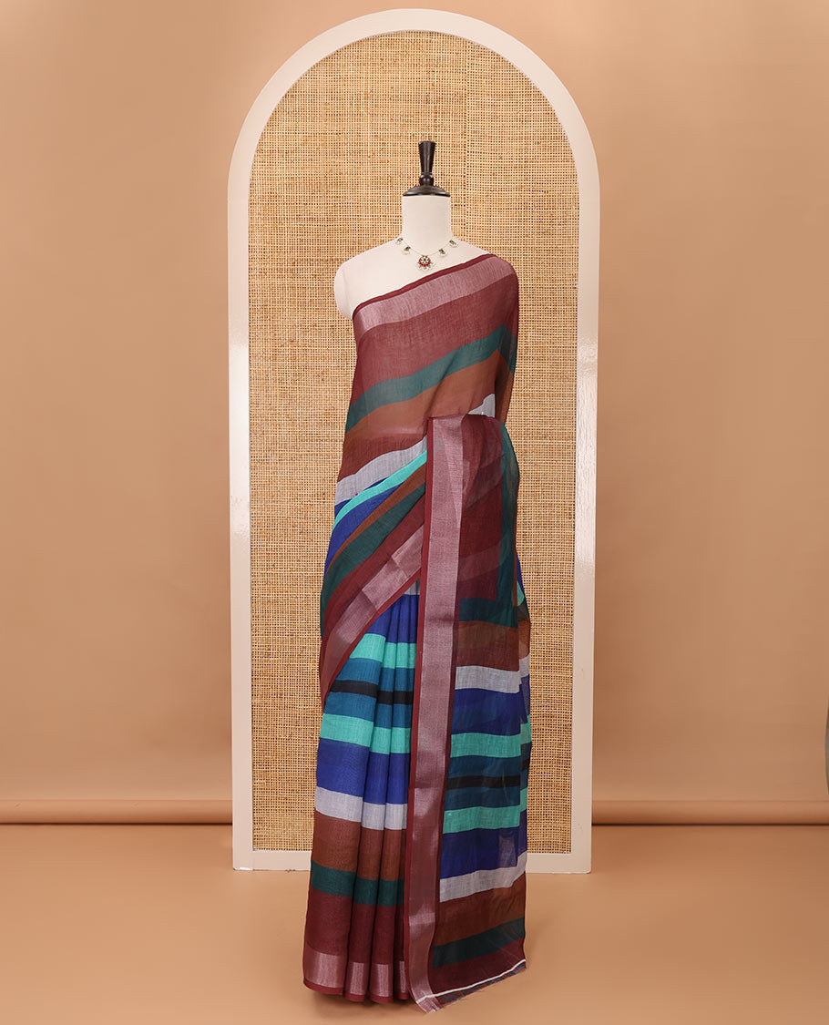 Multi-color striped linen saree, zari border, multi-color striped fancy pallu & colorful chevron striped blouse