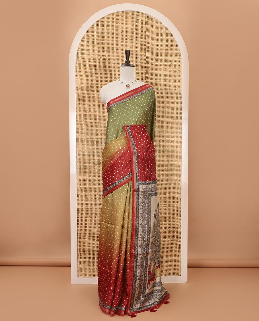 Multi-color ombre-style dyed bandhani dots print checked khadi tussar saree,piping printed border,flora-fauna printed pallu & contrast printed blouse