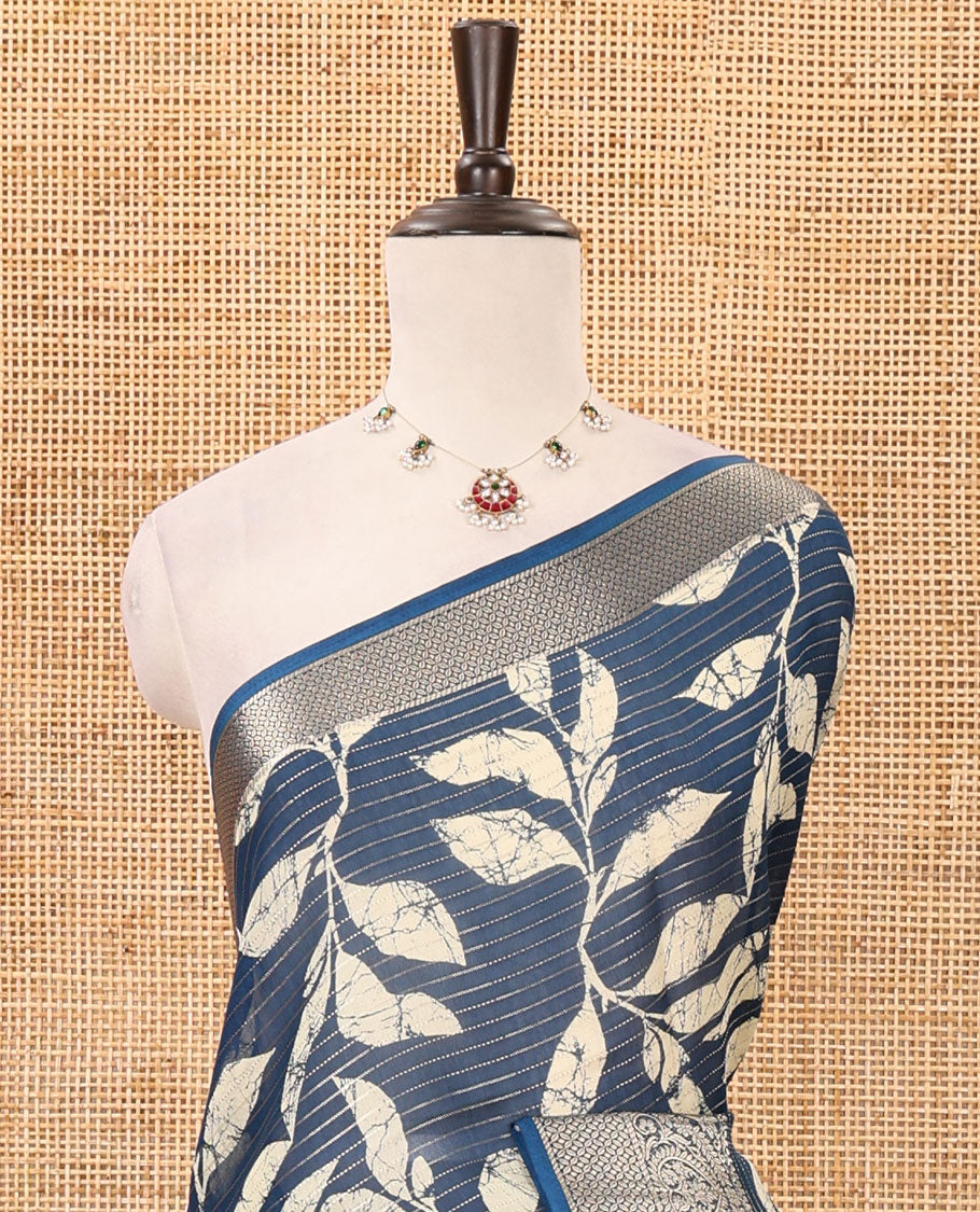 Blue dotted striped & batik leaf printed viscose georgette saree, traditional design zari border, intricate pallu & blouse of print & zari work