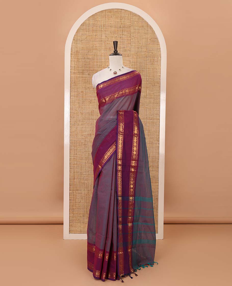 Violet plain Chettinad cotton saree, contrast rettai pettu rudraksham zari border, striped pallu & blouse of zari border