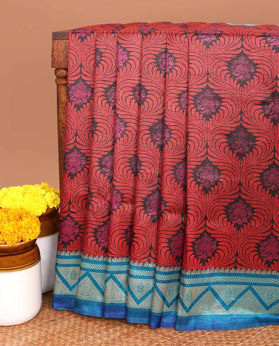 Grey discharge print crackle silk saree with contrast border & self plain blouse