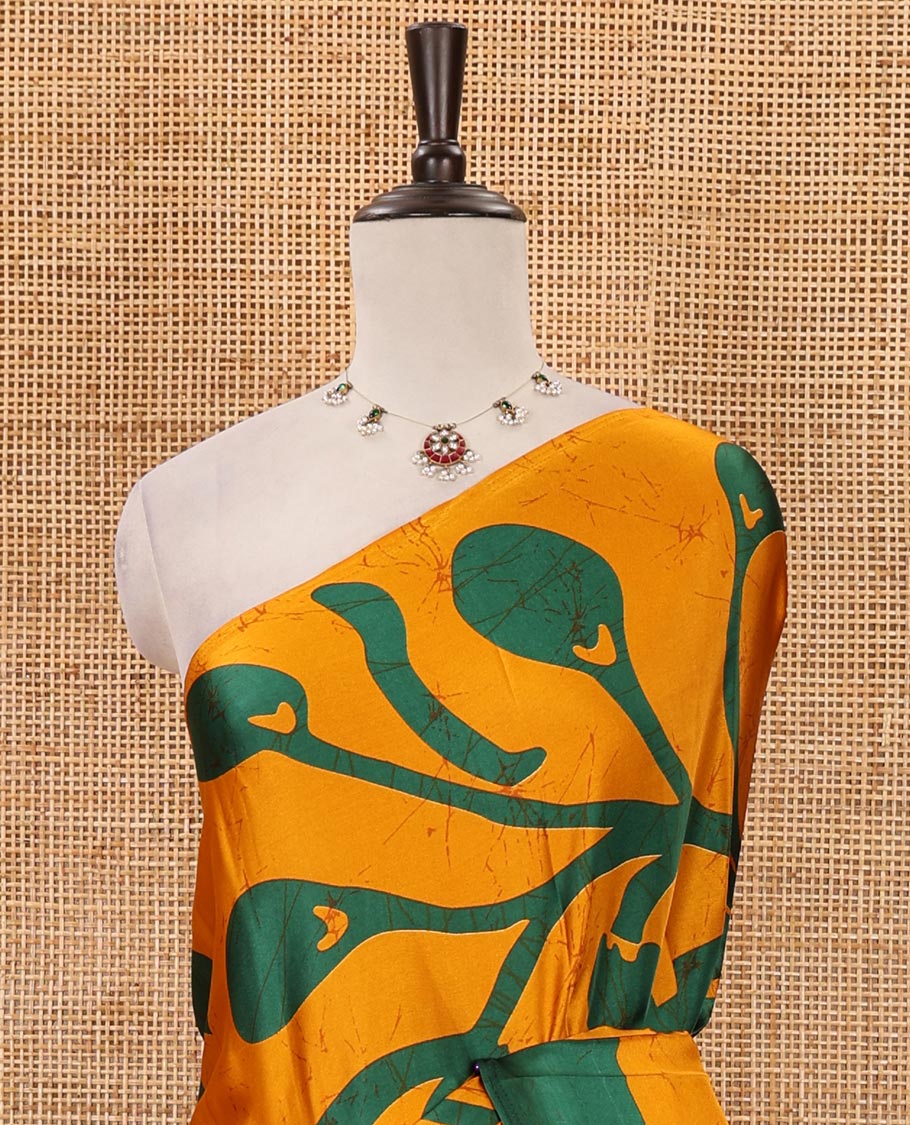 Borderless gold batik-style vine printed satin crepe saree, fancy printed self-pallu & batik printed blouse